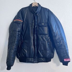 Vtg Simpson Racing Jacket Mens Black Puffer XL Race Stripe Hot Rod Sprint Car